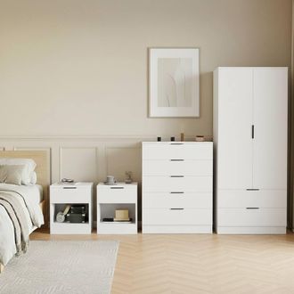 Home Discount Vida Designs Trega 4Pc Bedroom Set(1Dr Bedsidex2, 5Dr Chest, Wardrobe) in White
