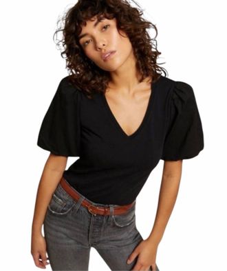 Nation Ltd Traci Bubble Sleeve V-Neck Top In Jet Black