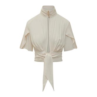 Elisabetta Franchi Blouse met hoge hals en ruches - Dames - Blouses & Shirts - Beige - Maat: XL