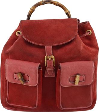 Gucci Vintage Bamboo Backpack Suede Red Suede Backpack Bag (Pre-Owned)