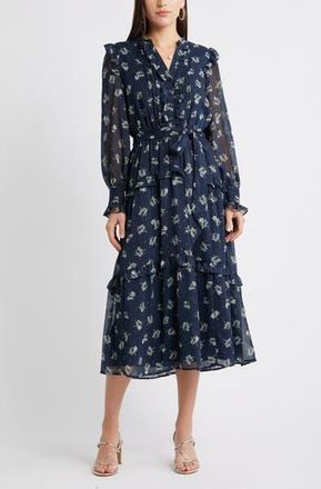 Caslon Floral Fil Coup&eacute; Long Sleeve Midi Dress in Navy Mathilde Floral at Nordstrom Rack, Size Xx-Small