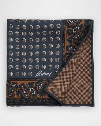 Brioni Men & apos;s Geometric to Glen Plaid Hand-Rolled Silk Pocket Square