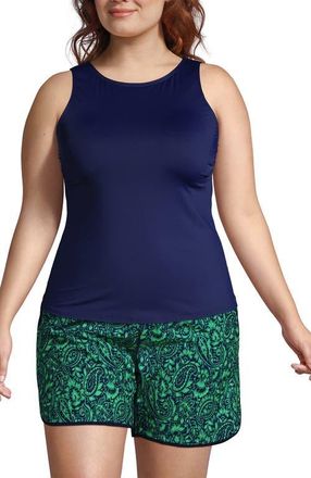 Lands End Plus Size Long Torso High Neck UPF 50 Modest Tankini Swimsuit Top in Deep Sea Navy at Nordstrom, Size 26W