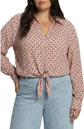 Sanctuary Lover Print Tie Hem Crop Sateen Shirt in Petal Grid Pink at Nordstrom, Size 1X