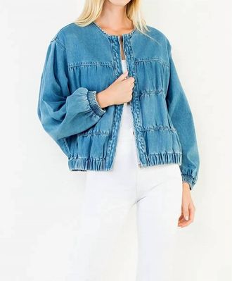 THML Clothing Womens Collarless Denim Bomber Jacket In Medium Wash