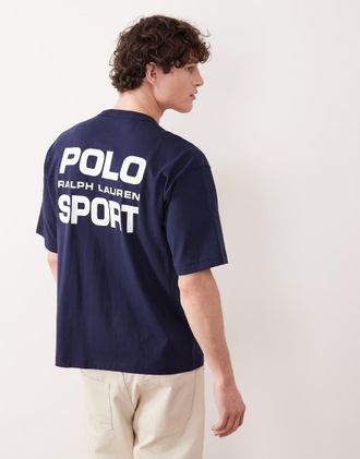 Polo Ralph Lauren T-shirt sportiva comoda pesante blu navy con stampa sul retro