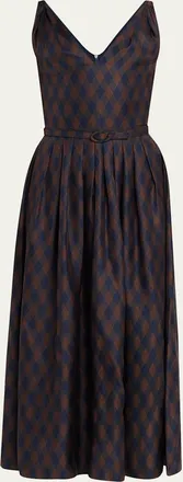 Oscar De La Renta Sleeveless Argyle Silk Belted Midi Dress