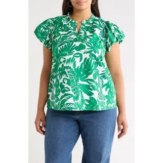Sugarlips Masey Tropical Keni Split Neck Cotton Top in White- Green at Nordstrom, Size 1X