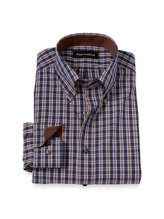Paul Fredrick Slim Fit Non-iron Cotton Plaid Dress Shirt With Contrast Trim
