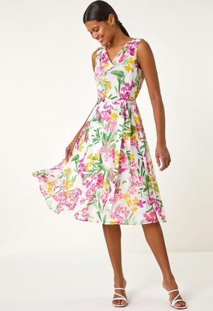 Roman Floral Print Cowl Neck Dress