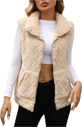 Generic Womens Fuzzy Sherpa Fleece Jacket Lightweight Vest Cozy Sleeveless Cardigan Zipper Outerwear with Pocket 2024 New