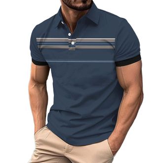 Generic Mens Polo Shirts Striped Golf T-Shirts Short Sleeve Button Down Collar Tops with Stripes Color Block Shirt Summer Tee Camisa Negra Hombre(Brown, XL)