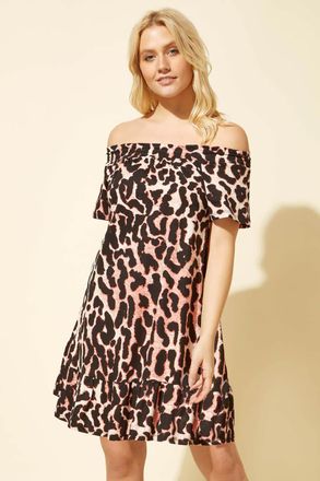 Roman Animal Print Bardot Frill Dress