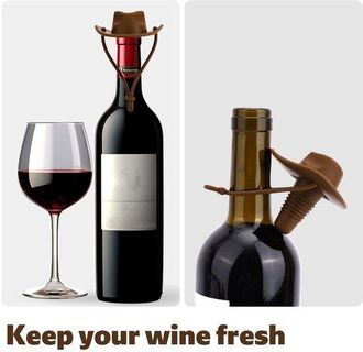 OEM Juego De Dos Tapas De Silicona Para Botellas De Vino Con Forma Sombrero Vaquero, Champ&aacute;n Mantenerlo Sellado Fresco (marr&oacute;n Oscuro) (dos Paquetes)