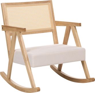 Beliani Sill&oacute;n Mecedora Tapizado Respaldo Con Trenza Vienesa Estilo Escandinavo Estructura De Madera De Caucho Tela Marr&oacute;n Claro Y Beige Claro Rya
