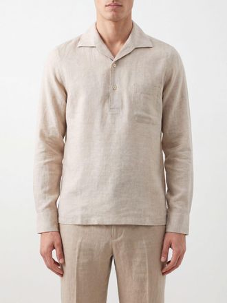 Lardini Long-Sleeved Shirt in Pure Linen with a Cuban Collar and Patch Pocket