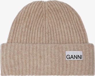 Ganni Beige Oversized Wool Rib Knit Beanie