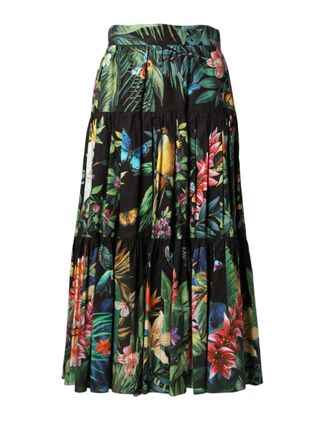 Dolce & Gabbana Black Cotton Floral High Waist Midi Womens Skirt
