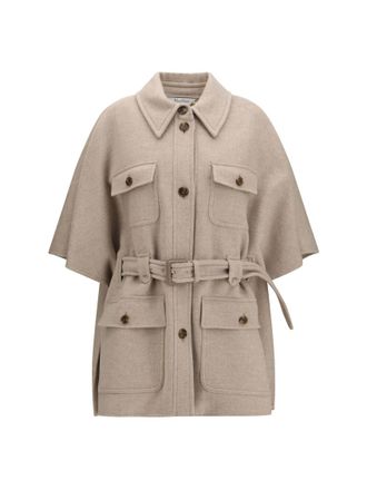 Max Mara Beige Solid Shirt Collar Trench Coat