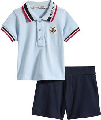 Moncler Kids Piqu&eacute; Polo & Shorts Set in F77-Blue at Nordstrom, Size 18-24M