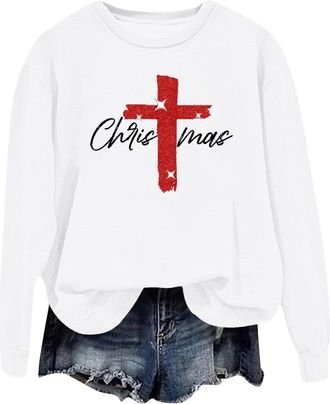 Generic Retro Christmas Faith Cross Print Sweatshirt Jesus Gifts Glitter Christian Shirts for Women Faith Jumpers for Women uk