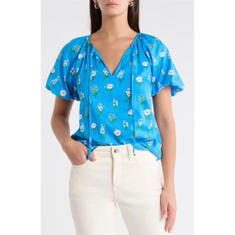 Sugarlips Jazleen Floral Print Puff Sleeve Top in Blue White Green at Nordstrom, Size X-Large