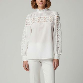 Sandro White Cotton And Lace Paneled Blouse