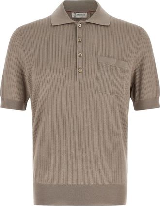 Brunello Cucinelli Tops, Heren, Beige, XL, Katoen, Cotton Textured Rib Lichtgewicht Gebreid Poloshirt