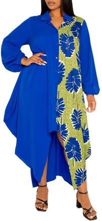 Buxom Couture Solid & Print Long Sleeve Asymmetric Maxi Shirtdress in Blue Multi at Nordstrom, Size 3 X