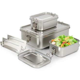 OEM Juego De 3 Fiambreras Bento De Acero Inoxidable 304 Con Tapa, 2400/1400/850 Ml, Herm&eacute;ticas Y Apilables, Para Sopa, Ensalada O Sobras