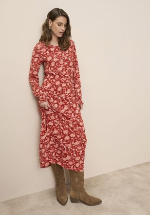 Tamaris Maxikleid TAMARIS, Damen, Gr. 34, N-Gr, rostrot gebl&uuml;mt, Jersey, Obermaterial: 95% Viskose, 5% Elasthan, gemustert, figurbetont lang, Rundhals, gesmok