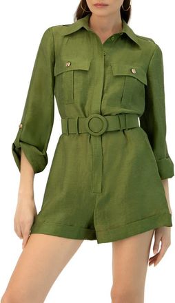 Ivonne Belted Linen Romper with Cargo Patch Pockets in Green at Nordstrom, Size 10