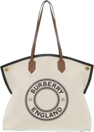 Burberry Brown White Canvas Leather Tote Bag (Pre-Owned)
