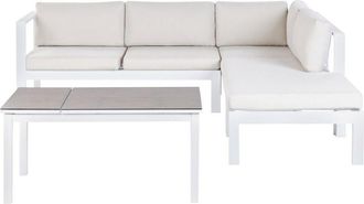 Beliani Conjunto De Jard&iacute;n 5 Plazas Sof&aacute; Y Mesa Elevable Estructura Blanca Tablero De Vidrio Y Cojines Blanco Crema Messina