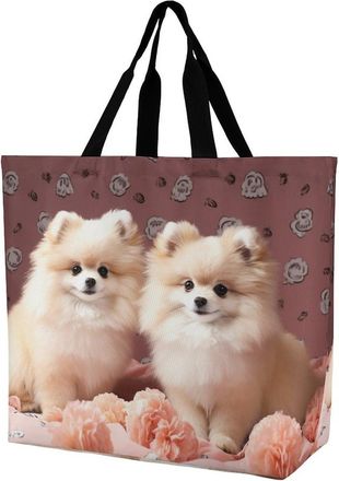 Generic Pomeranians Puppies And Point Shopper Bag Waterproof Shoulder Bag Portable Shopping Bags For Daily Use Picnic Beach