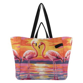 Generic Flamingo Sunset Orange pattern Reusable Canvas Tote Bag, Heavy Duty Grocery Shopping Bag with Double Handles Hard Bottom Large Capacity Work Groceries