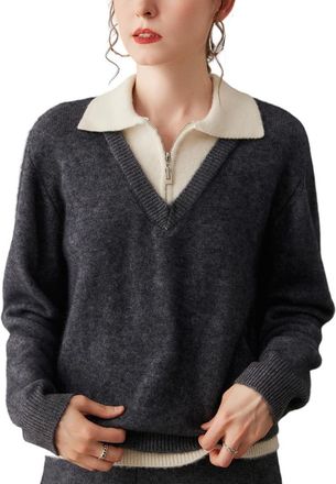 Dissa Women Cashmere Jumper Dark Grey V-Neck Knitted Jumper Long Sleeve Relaxed Cashmere&Wool Thick Plain Ladies Sweater,UK 10,MG950