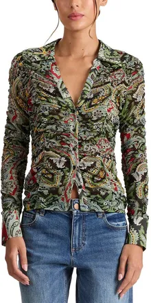 Alice & Olivia Alice + Olivia Portia Ruched Mesh Button Top