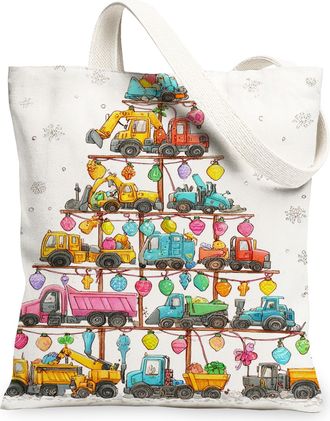 Generic Holiday Vehicles Canvas Tote Bags, Fun Truck Design Reusable Grocery Bags, Winter Joyful Lightweight Washable Shoulder Stra, White, 13x15 Inch