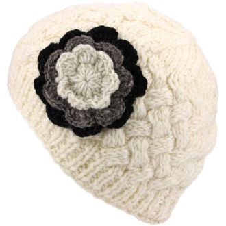 Loud Elephant LoudElephant Ladies Wool Cable Knit Beanie Hat with Contrast Flower - Off White