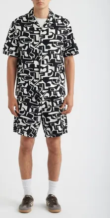Wax London Didicot Squiggle Geo Cotton Camp Shirt in Black/ecru at Nordstrom, Size Xx-Large