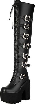 Generic Womens Gothic Platform Knee High Boots Black Patent Leather Chunky Block Heel Multi Buckle Combat Style Lace Up Platform Sole Alternative Fashion for 