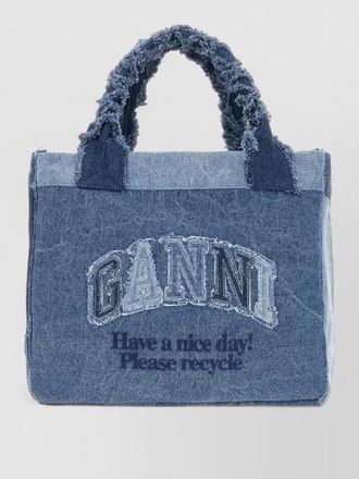 Ganni denim tote bag frayed handles two tone