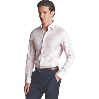 CHARLES TYRWHITT Triple Check Non-Iron Twill Slim Fit Shirt Single Cuff in Pink at Nordstrom, Size 17L