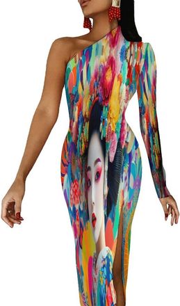 Generic Japanese Geisha Colorful Womens Elegant Half Sleeve Dress Sexy Split Pencil Dresses Evening Party Formal Outfits