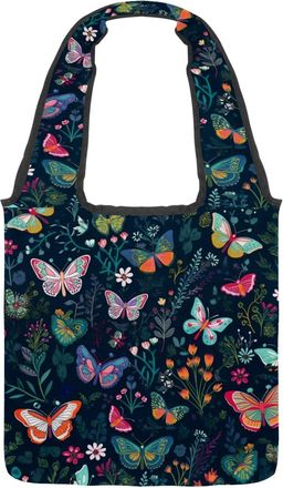 Generic Leaves Flower Butterflies Reversible Canvas Shoulder Tote - Double-Sided Print, 12oz Cotton, 27cm Drop, Fold-Flat Bag for Travel, Shopping, Street Out