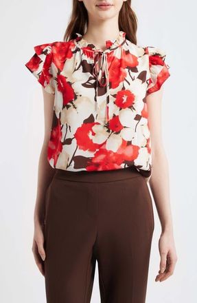 Anne Klein Ruffle Tie Neck Top in White Dove Multi at Nordstrom, Size X-Large P