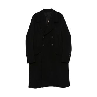 Rick Owens Double-Breasted Coats, male, Black, Size: S Black Button-Up Long Sleeve Coat