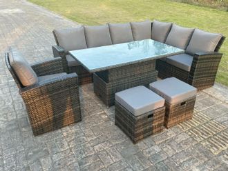 Fimous High Back Rattan Corner Sofa Sets Adjustable Rising Table 9 Seater in Dark Grey