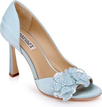 Badgley Mischka Yana Sequin Flower Sandal in Mist Blue Satin at Nordstrom, Size 6.5